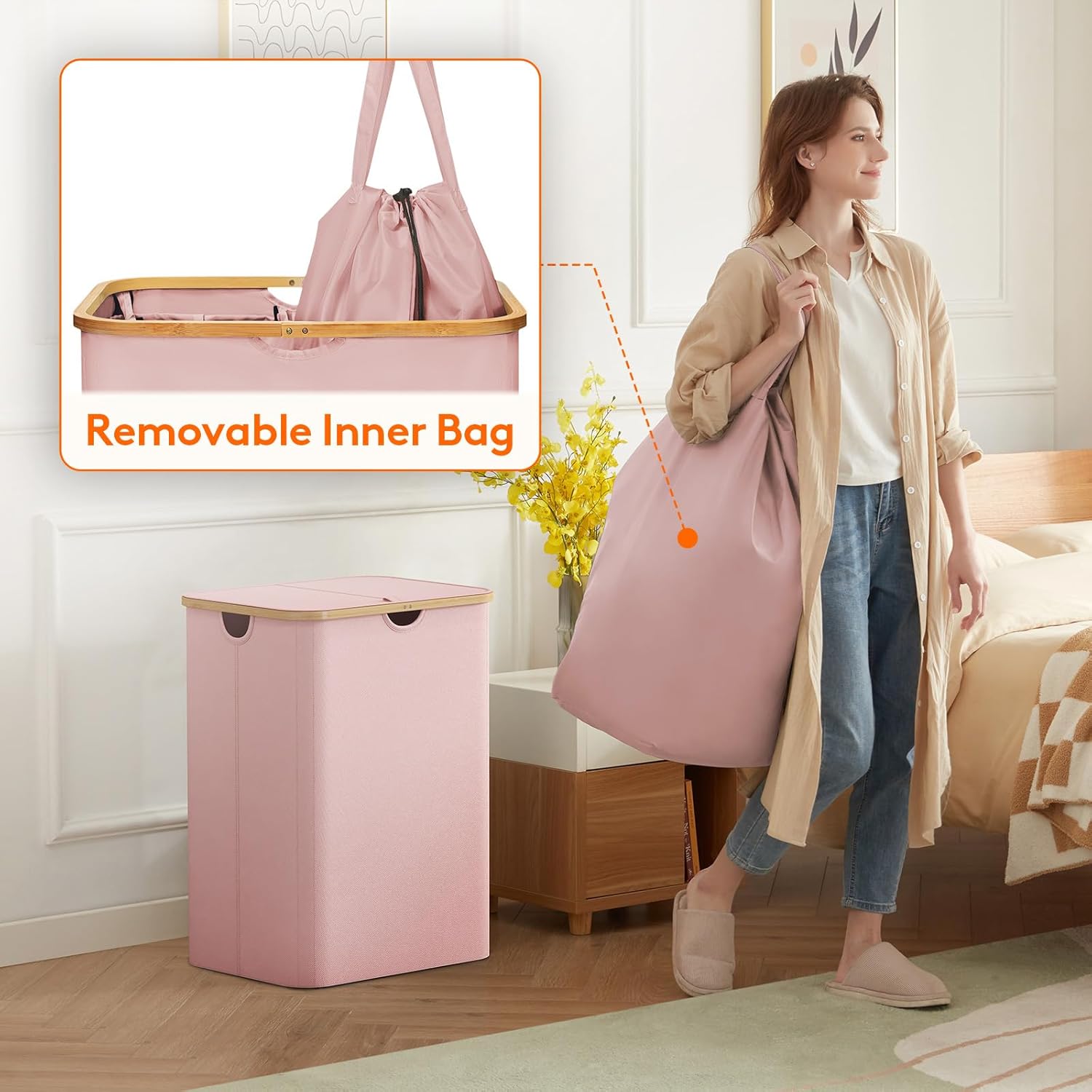 150L Laundry Basket with Lid, Clothes Hampers for Laundry with Bamboo Handles and 2 Removable Laundry Bags