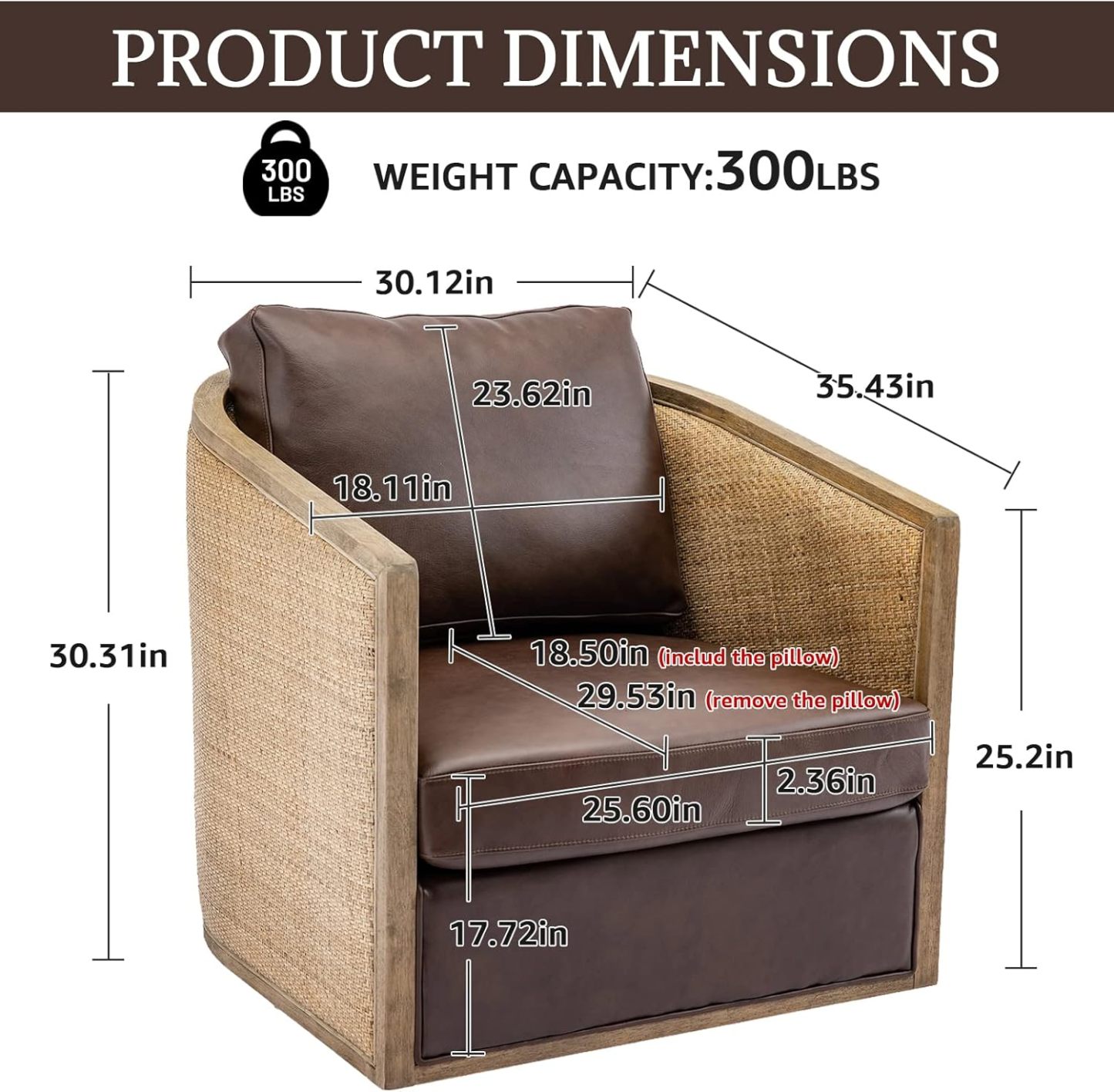 Swivel Barrel Chair with Rattan Design, Leather Accent Sofa Chair, Club Chair with Pillow, Leisure Arm Chair for Living Room, Hotel, Bedroom