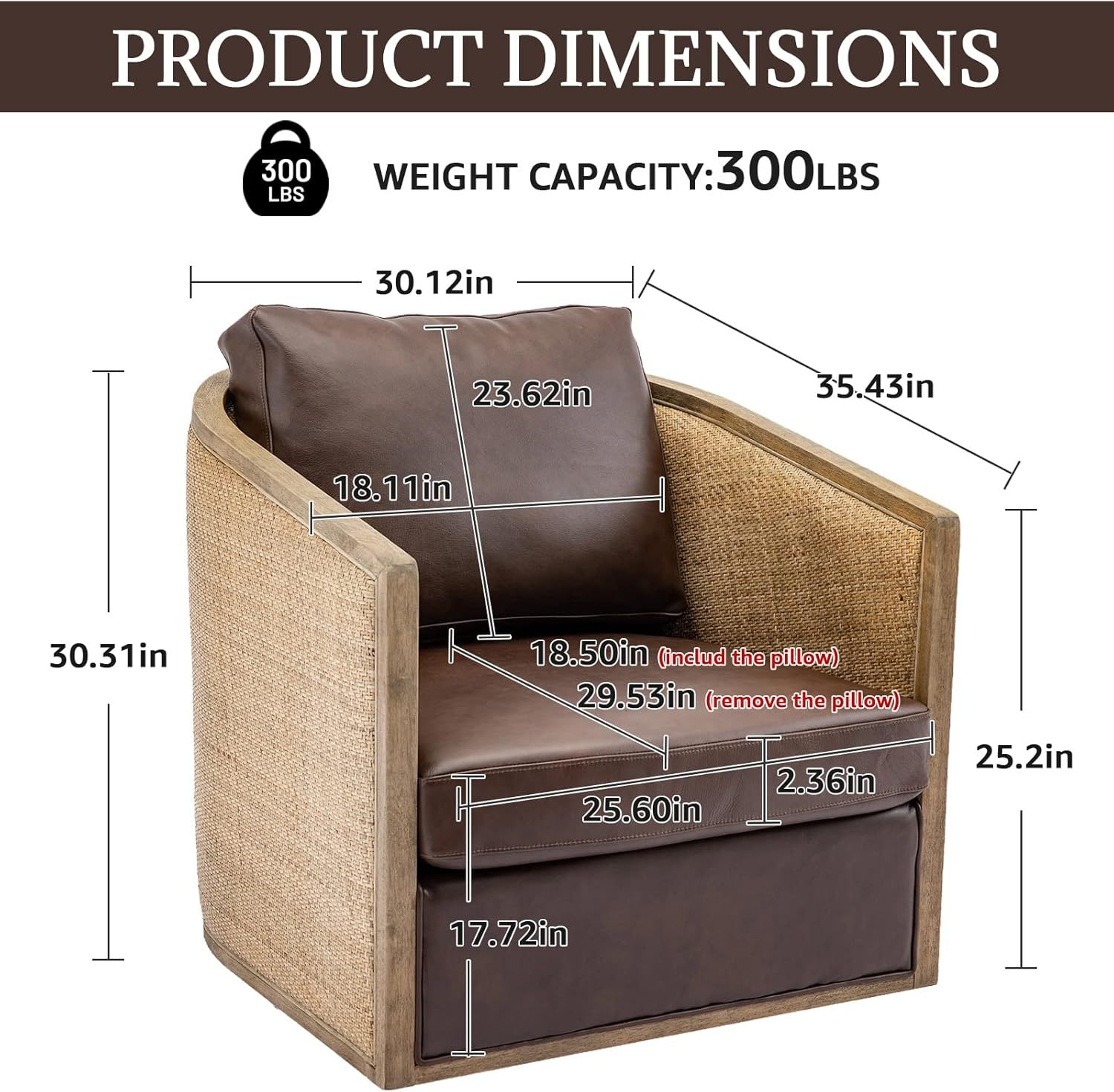 Swivel Barrel Chair with Rattan Design, Leather Accent Sofa Chair, Club Chair with Pillow, Leisure Arm Chair for Living Room, Hotel, Bedroom