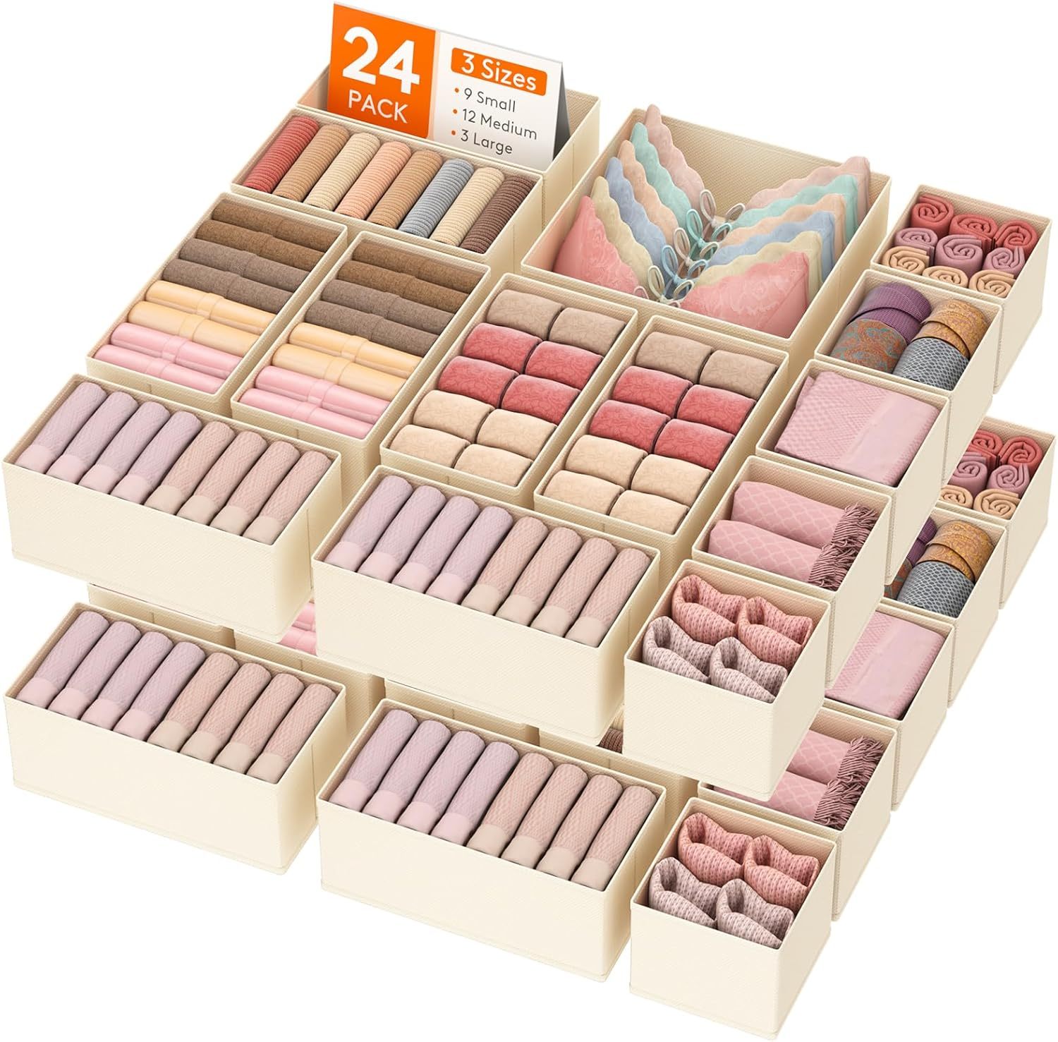 24 Pack Drawer Organizer, Dresser Underwear Drawer Organizer Bins, Foldable Fabric Closet Organizers, Storage Drawer Dividers
