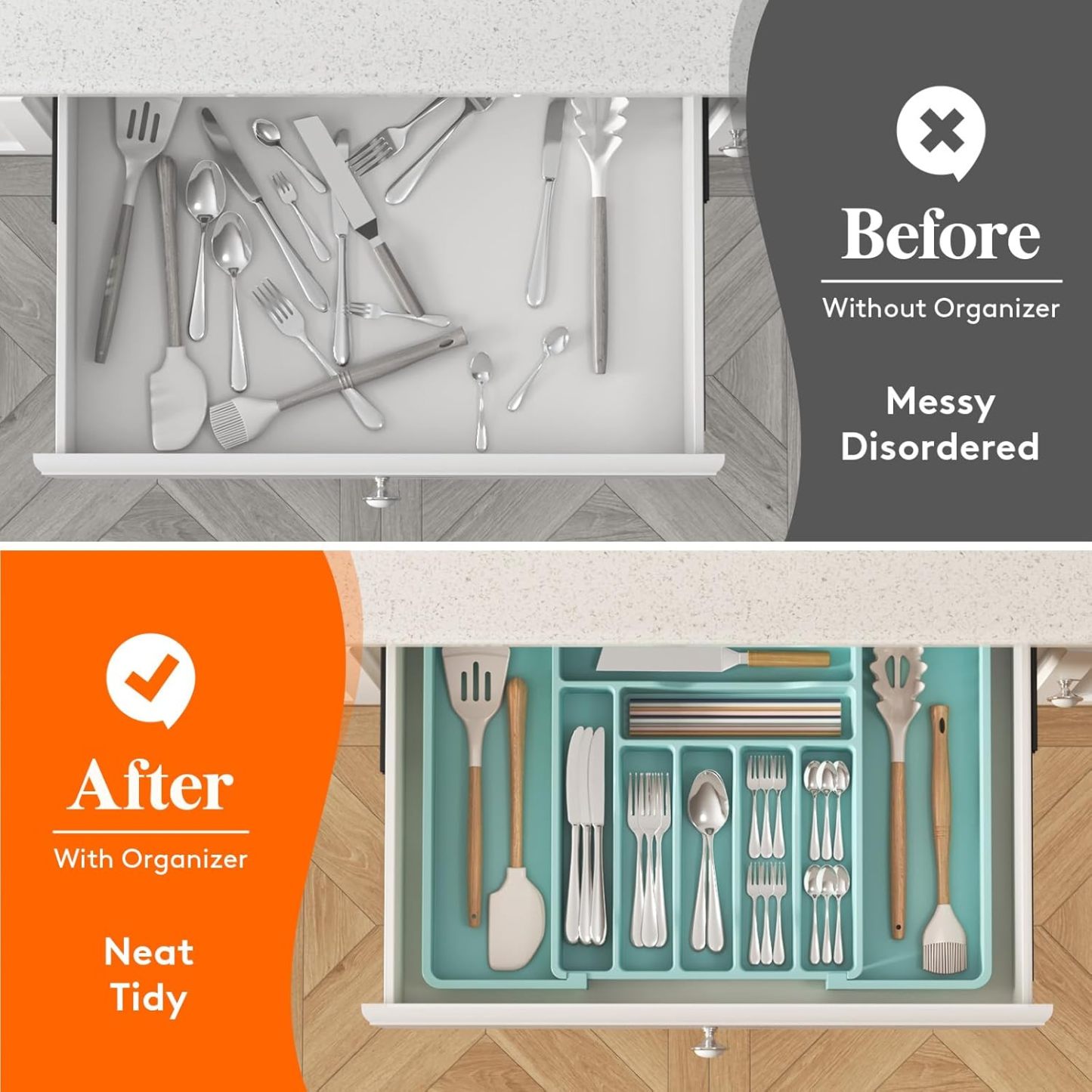 Silverware Drawer Organizer, Expandable Utensil Organizer for Kitchen Drawers, Adjustable Cutlery and Flatware Tray