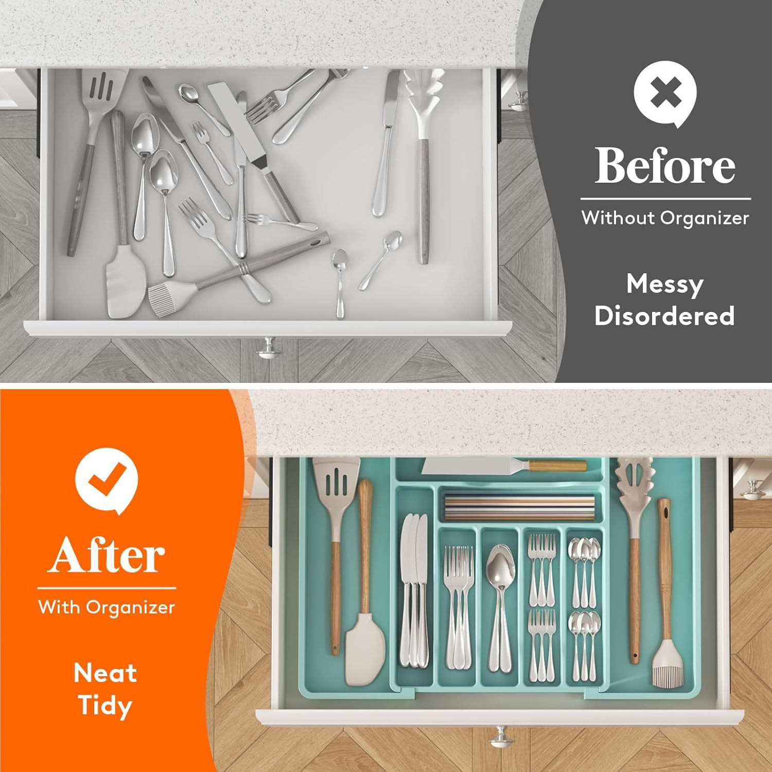 Silverware Drawer Organizer, Expandable Utensil Organizer for Kitchen Drawers, Adjustable Cutlery and Flatware Tray