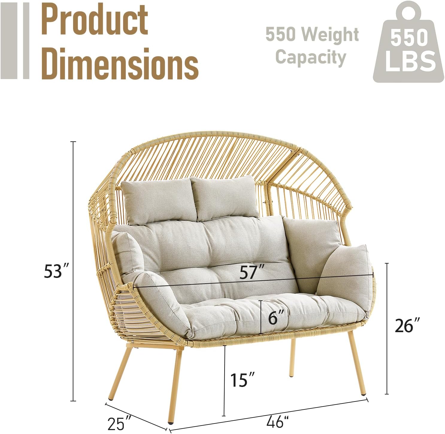 Double Egg Chair - 2 Person Wicker Egg Chair with 550Lbs Capacity Egg Basket Chair for Patio Balcony Living Room Sunroom