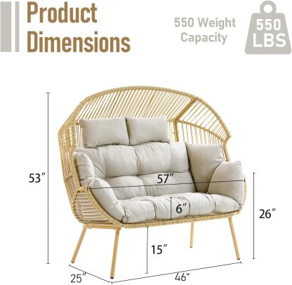 Double Egg Chair - 2 Person Wicker Egg Chair with 550Lbs Capacity Egg Basket Chair for Patio Balcony Living Room Sunroom