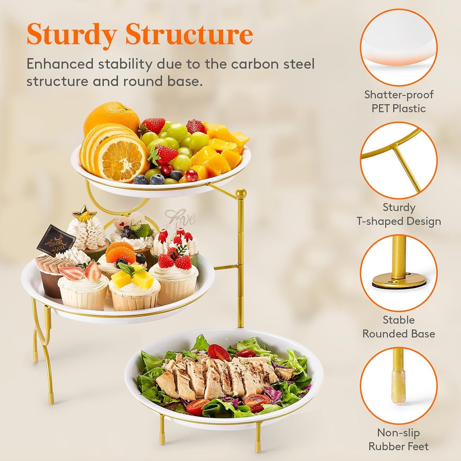 3 Tier Plastic Serving Tray Platter for Party Entertaining, 10" × 10" Large Dessert Table Display Set