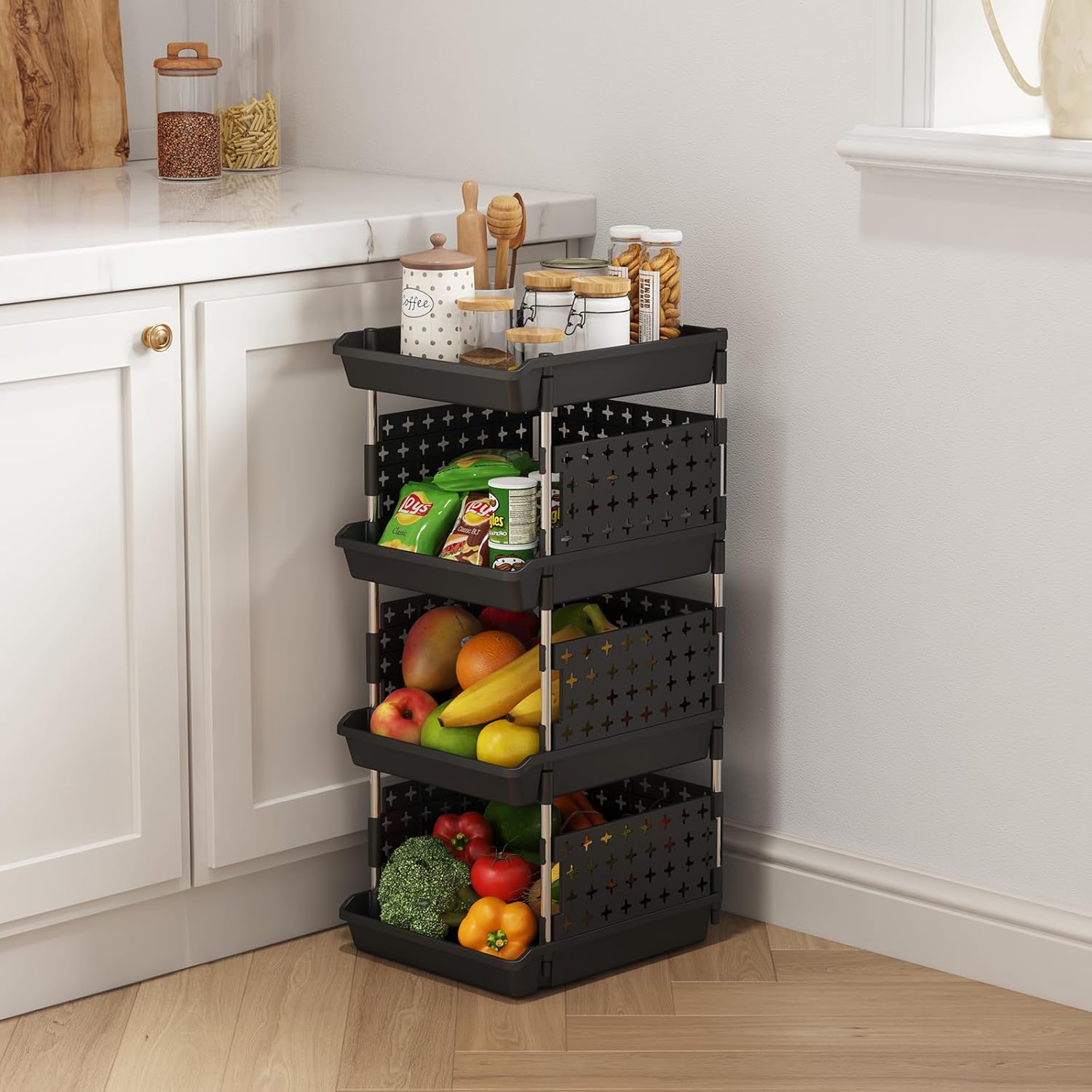 Stackable Storage Bins, 4 Tier Stackable Baskets for Closet, Playroom, Kitchen, Food, and Pantry Organization