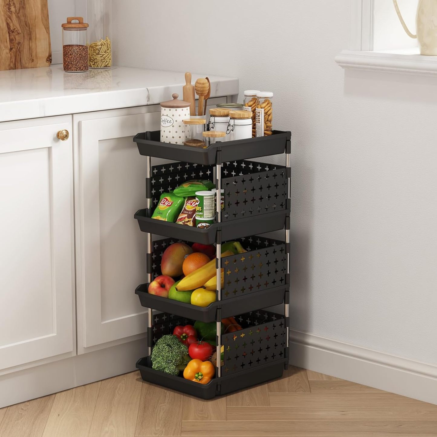 Stackable Storage Bins, 4 Tier Stackable Baskets for Closet, Playroom, Kitchen, Food, and Pantry Organization