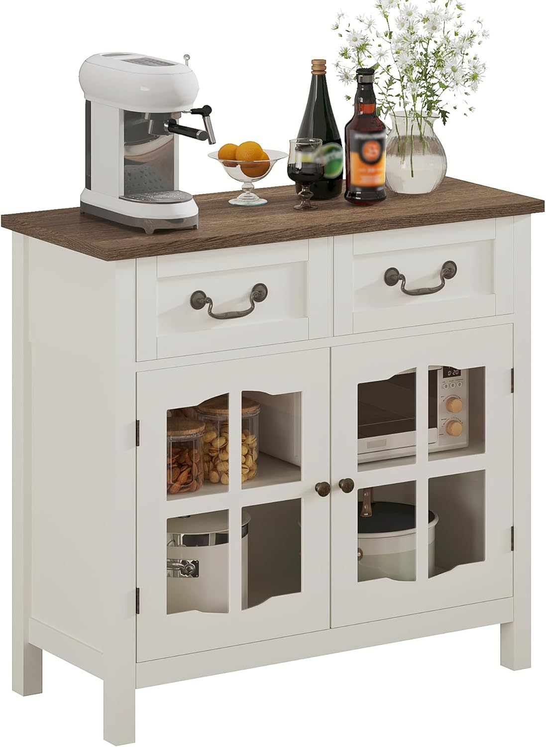 Farmhouse Sideboard Buffet Cabinet with Storage, Coffee Bar Cabinet with Glass Doors
