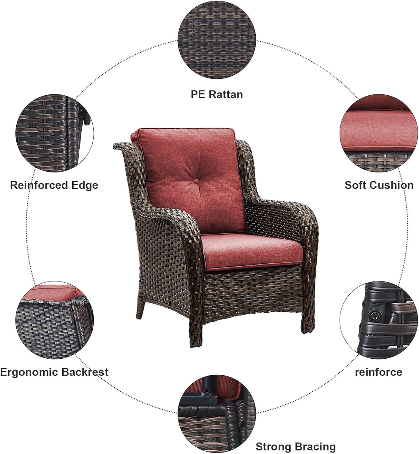 3 Pieces Patio Bistro Set Wicker Patio Chairs Set of 2 with Tempered Glass Top Side Table Rattan Outdoor Furniture Conversation Set