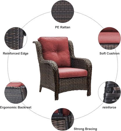 3 Pieces Patio Bistro Set Wicker Patio Chairs Set of 2 with Tempered Glass Top Side Table Rattan Outdoor Furniture Conversation Set