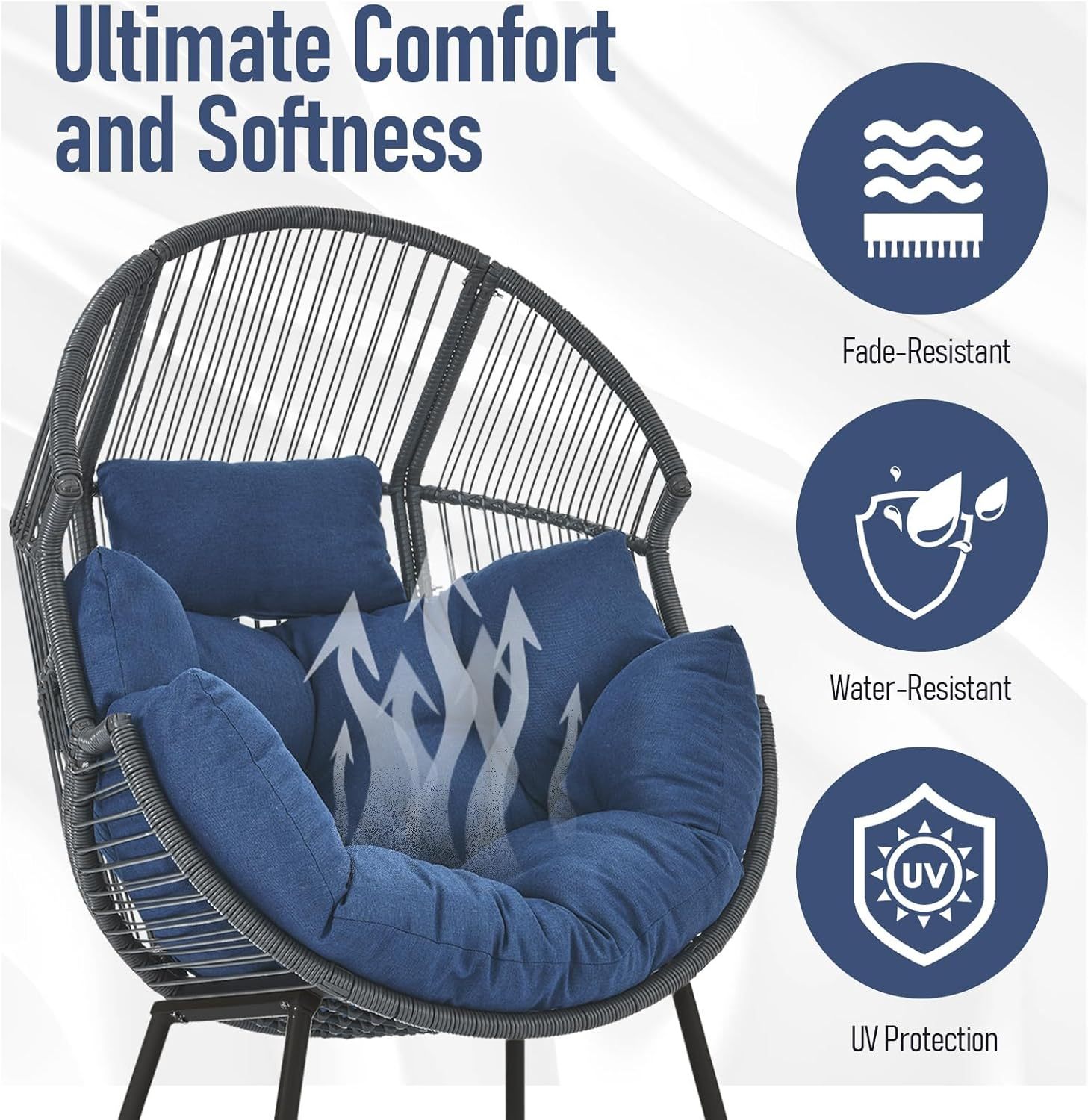 Egg Chair Oversized Outdoor Lounger Wicker Egg Basket Chair with Stand Cushions for Patio Backyard Bedroom Living Room 350LB Capacity