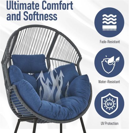 Egg Chair Oversized Outdoor Lounger Wicker Egg Basket Chair with Stand Cushions for Patio Backyard Bedroom Living Room 350LB Capacity