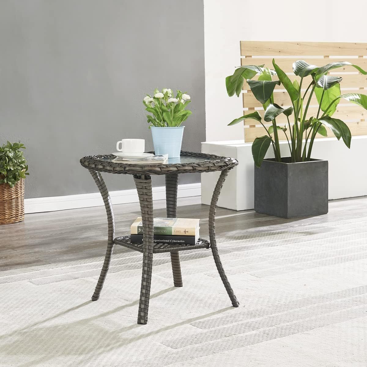 Patio Wicker Side Table Outdoor, Rattan End Table Glass Top Coffee Table with Storage Grey