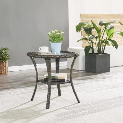 Patio Wicker Side Table Outdoor, Rattan End Table Glass Top Coffee Table with Storage Grey