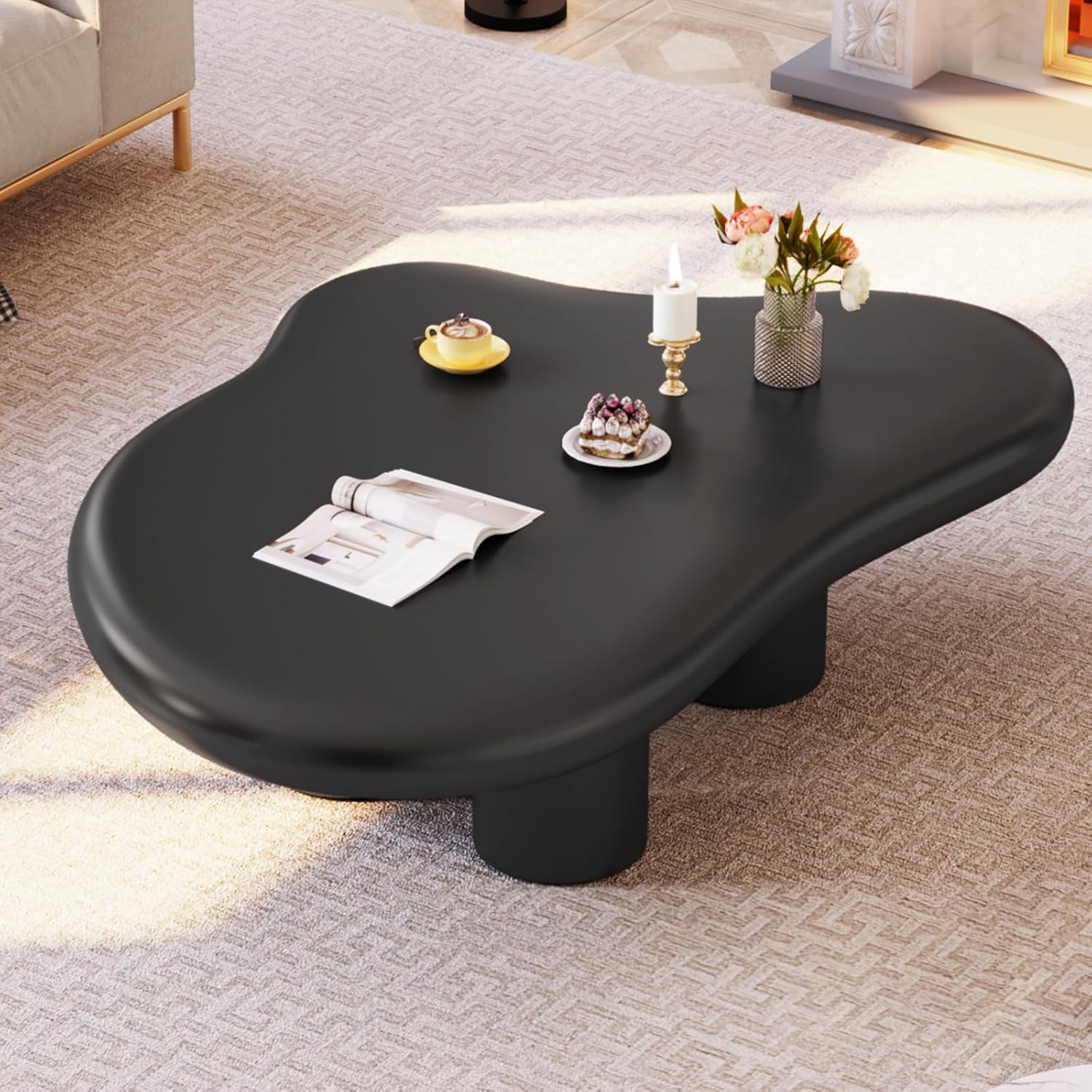 35.82" Black Cloud Coffee Table, Modern Round Edge Coffee Table with 4 Sturdy Support Legs and 2.67" Thick Tabletop,Easy Match for Living Room
