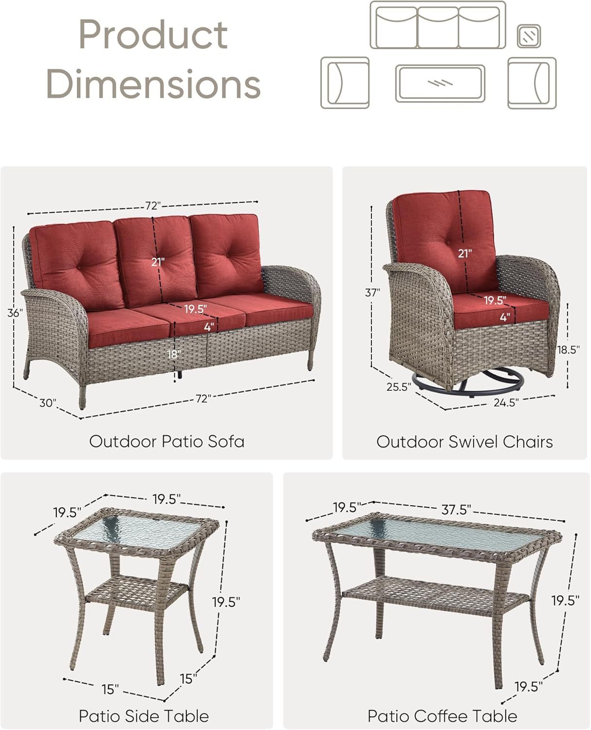 Wicker Patio Furniture Set-All Weather Rattan Patio Sofa Set with Swivel Rocker Chairs Outdoor Conversation Set