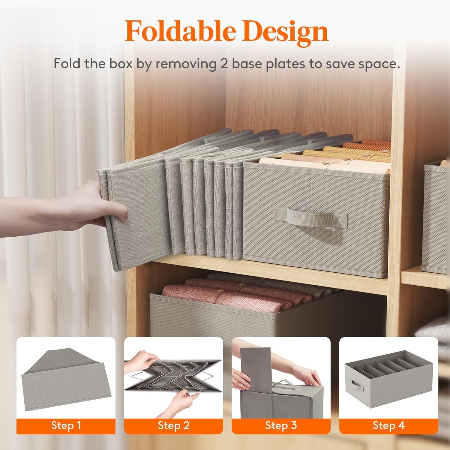 Wardrobe Clothes Organizer 6 Pack, Large Size 6 Grids Closet Jean Storage Bins with Handles and Support Boards