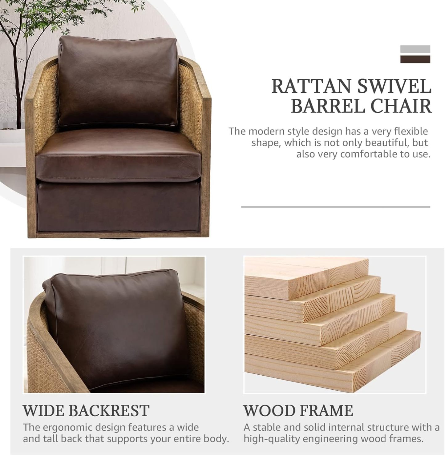 Swivel Barrel Chair with Rattan Design, Leather Accent Sofa Chair, Club Chair with Pillow, Leisure Arm Chair for Living Room, Hotel, Bedroom