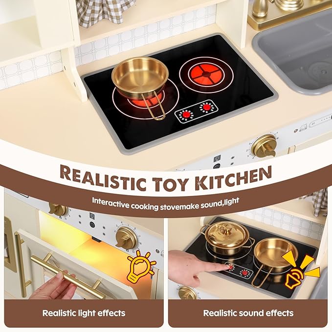 Wooden Play Kitchen, Height Adjustable, Comes with Various Kitchen Accessories