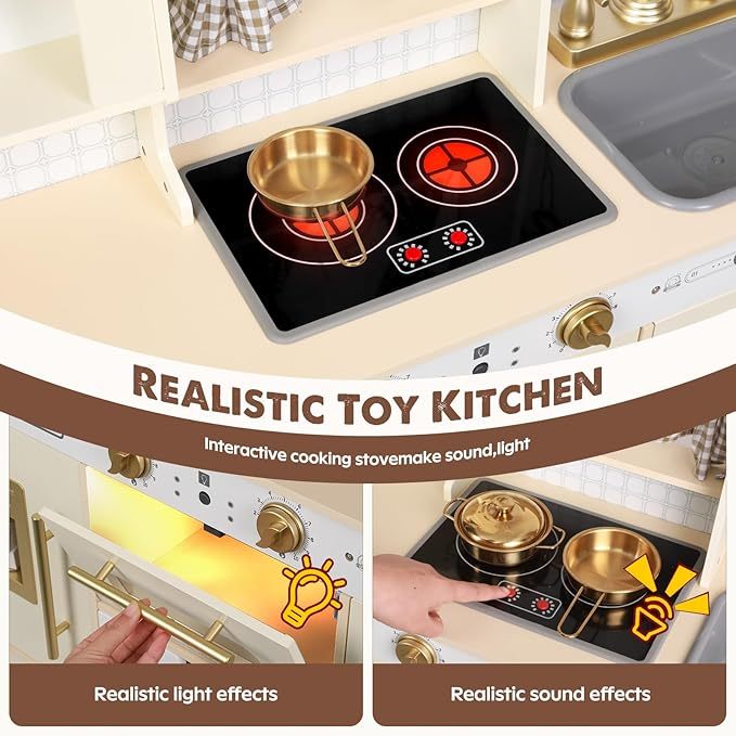 Wooden Play Kitchen, Height Adjustable, Comes with Various Kitchen Accessories