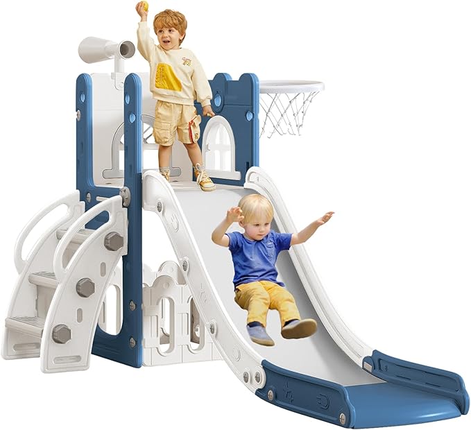 6 in 1 Toddler Slide for Toddler Age 1-3,Kids Climber Slider for Indoor Outdoor Playground with Basketball Hoop