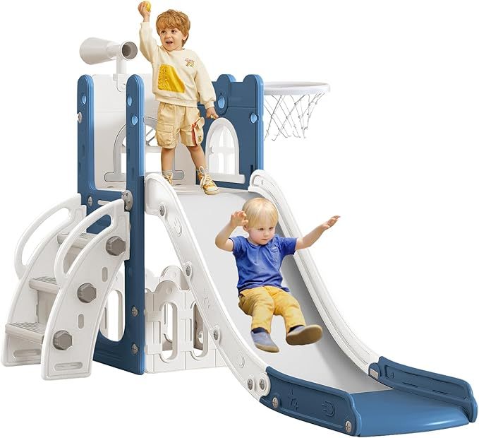 6 in 1 Toddler Slide for Toddler Age 1-3,Kids Climber Slider for Indoor Outdoor Playground with Basketball Hoop