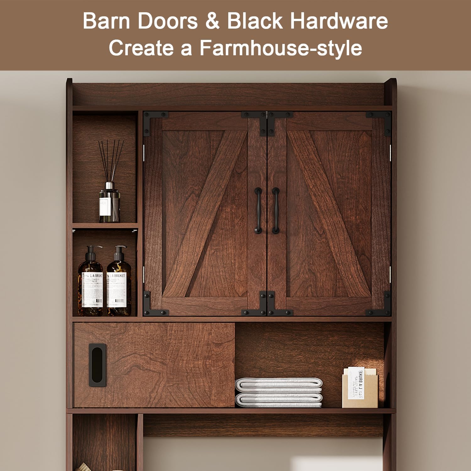Over The Toilet Storage Cabinet, Farmhouse Bathroom Storage Cabinet with Barn Doors, Sliding Drawer, Adjustable Shelves
