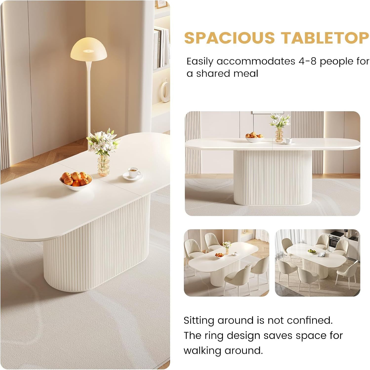 86" Oval Dining Table for 2-8 Person, Modern White Kitchen Table, Luxury Rectangular Dinner Table