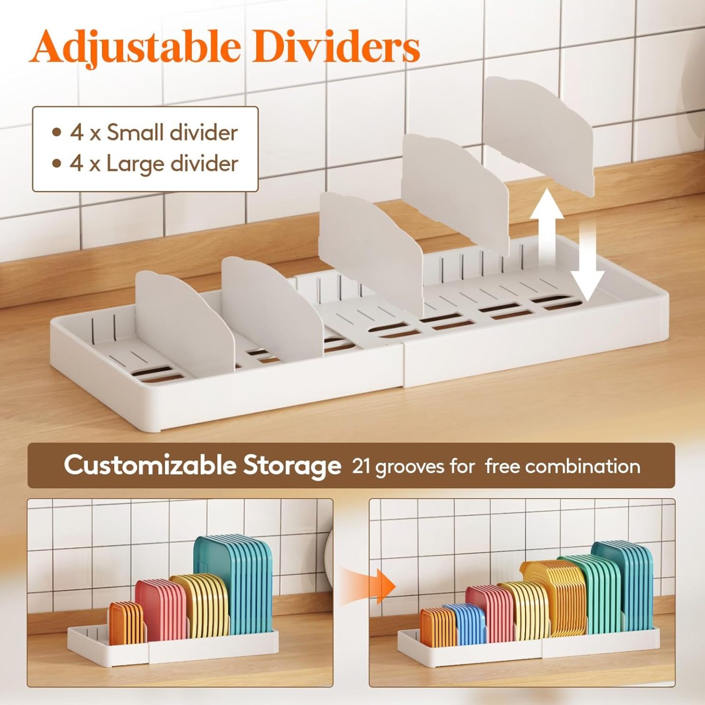 Lid Organizers for Cabinet Adjustable, Extra Large 13-24" Food Storage Container Lid Divider with 8 Inserts & 21 Compartments