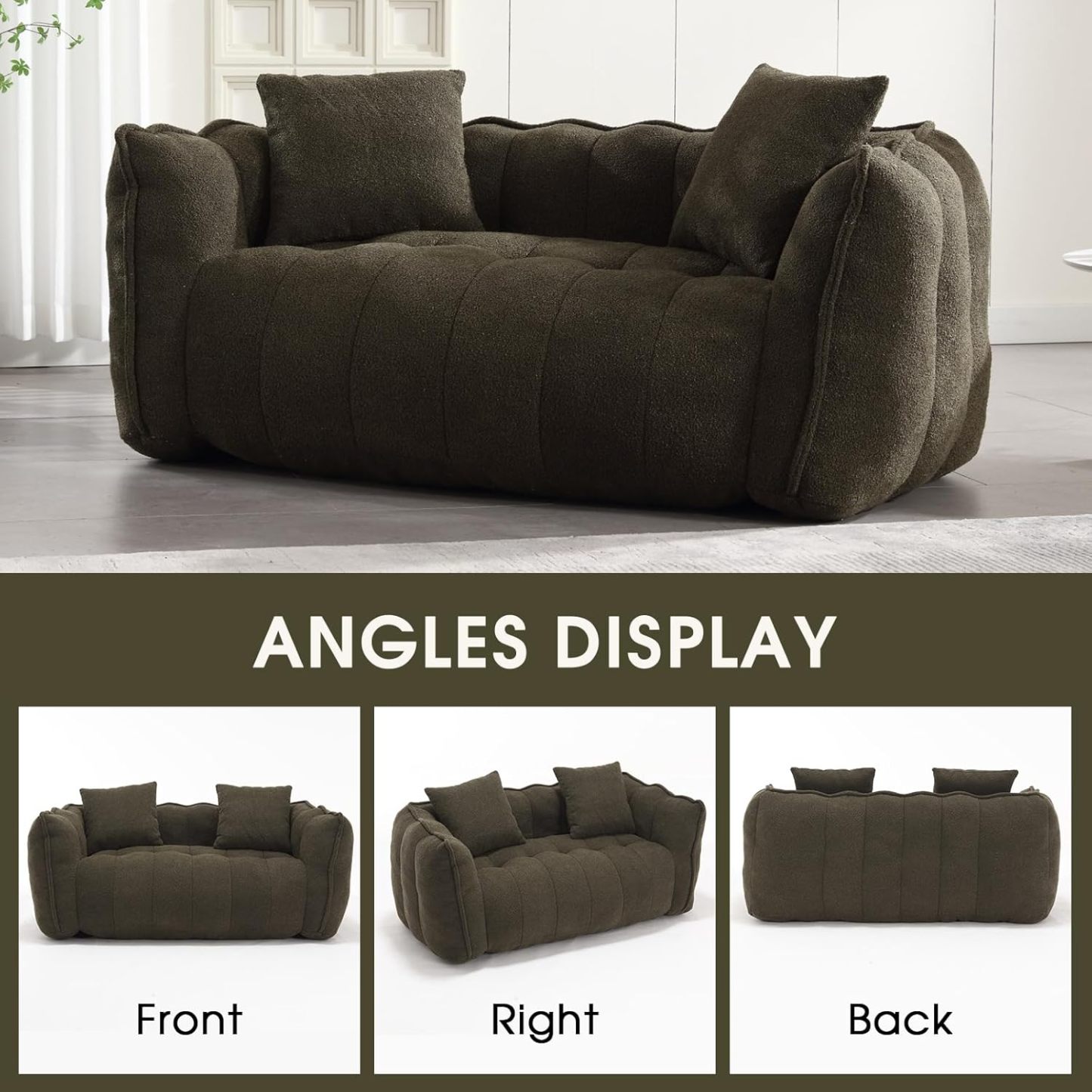 Giant Bean Bag Sofa Chair, Teddy Upholstered Bean Bag Couch with Petal Backrest, Tufted Lazy Sofa with Two Pillows