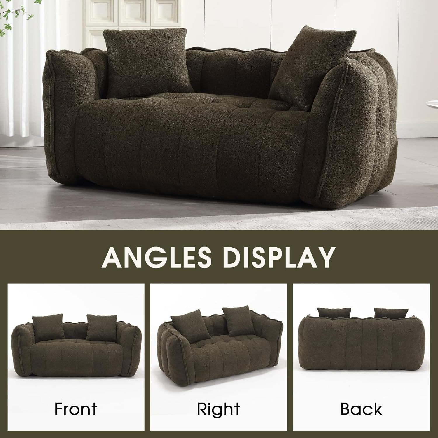 Giant Bean Bag Sofa Chair, Teddy Upholstered Bean Bag Couch with Petal Backrest, Tufted Lazy Sofa with Two Pillows