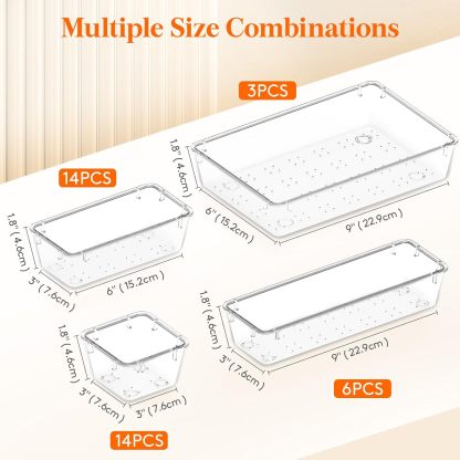Drawer Organizer 37PCS, 4 Sizes Clear Plastic Desk Drawer Dividers, Storage Separation Bins for Make Up, Kitchen Utensils