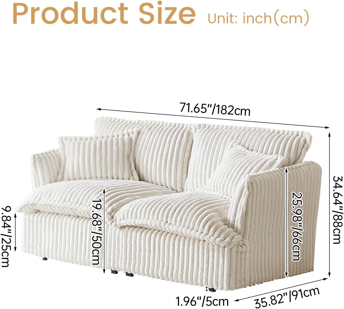 71.65" Corduroy Futon Couch, White Cloud Couch Sofa, Comfy Loveseat Sofa, Modern Corduroy Couch for Bedroom