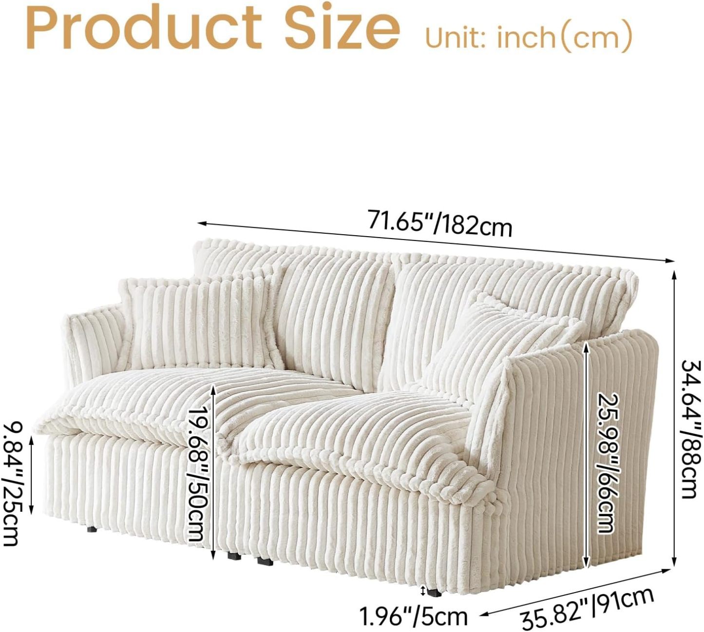 71.65" Corduroy Futon Couch, White Cloud Couch Sofa, Comfy Loveseat Sofa, Modern Corduroy Couch for Bedroom