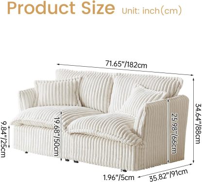 71.65" Corduroy Futon Couch, White Cloud Couch Sofa, Comfy Loveseat Sofa, Modern Corduroy Couch for Bedroom