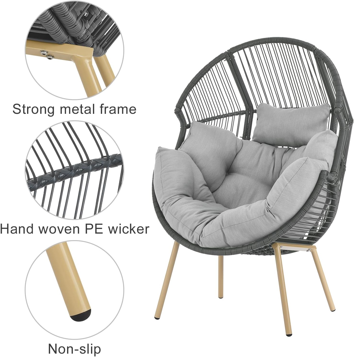 Egg Chair Oversized Outdoor Lounger Wicker Egg Basket Chair with Stand Cushions for Patio Backyard Bedroom Living Room 350LB Capacity