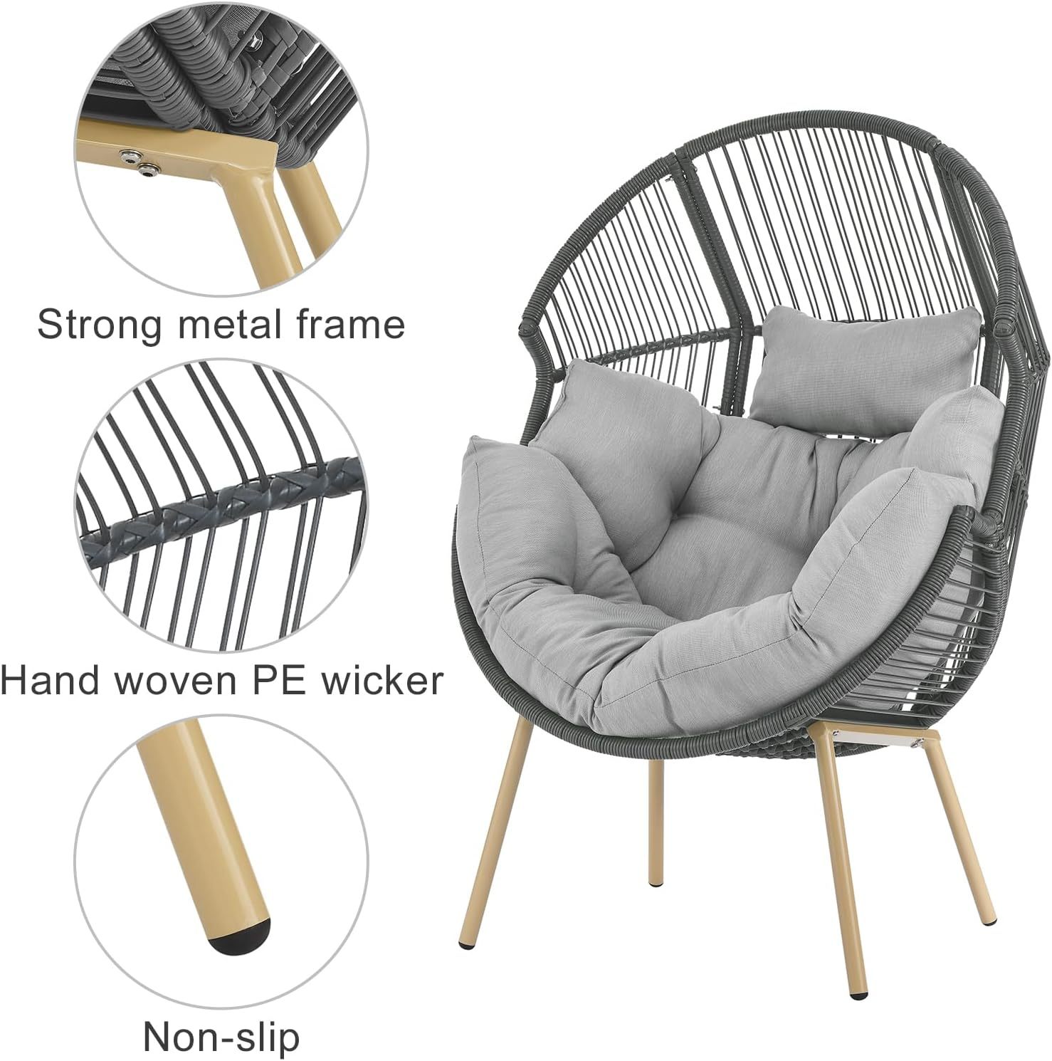 Egg Chair Oversized Outdoor Lounger Wicker Egg Basket Chair with Stand Cushions for Patio Backyard Bedroom Living Room 350LB Capacity