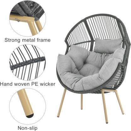Egg Chair Oversized Outdoor Lounger Wicker Egg Basket Chair with Stand Cushions for Patio Backyard Bedroom Living Room 350LB Capacity