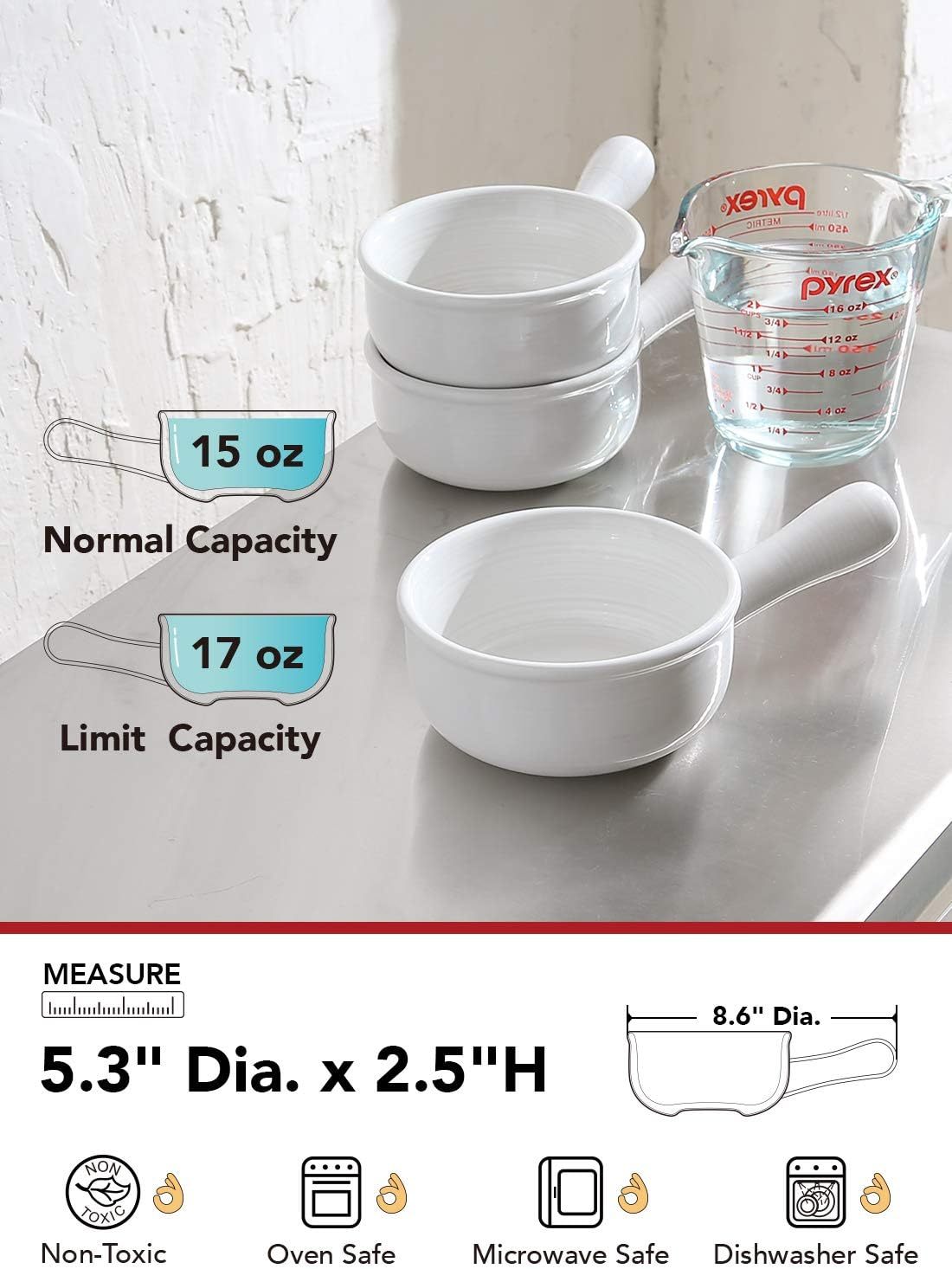 French Onion Soup Bowls With Handles, 15 Ounce for Soup, chili, beef stew, Set of 4, White