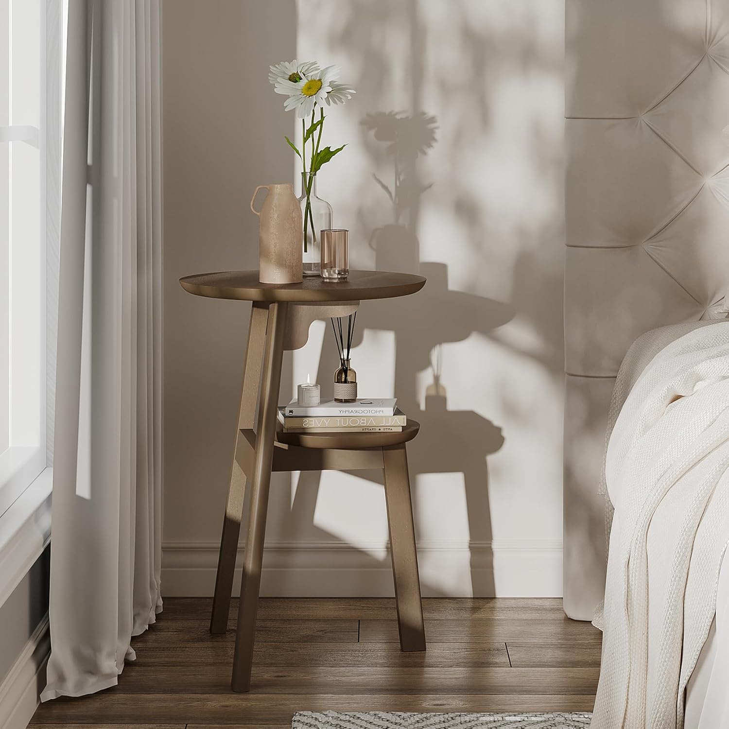 Round End Table Set of 2, Narrow Side Table for Small Spaces