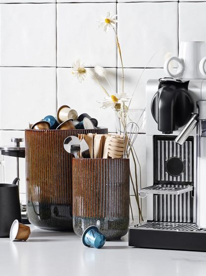 Utensil Holder, 7.3"+5.4" Ceramic Kitchen Utensil Holder for Countertop, Black Cooking Utensil Crocks for Kitchen Counter, Morden Utensil Organizer for Spatula, Set of 2, Marble Dark Olive