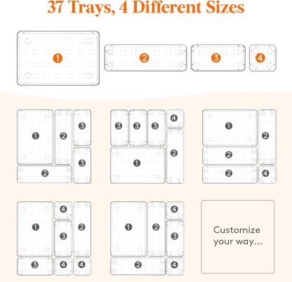 Drawer Organizer 37PCS, 4 Sizes Clear Plastic Desk Drawer Dividers, Storage Separation Bins for Make Up, Kitchen Utensils