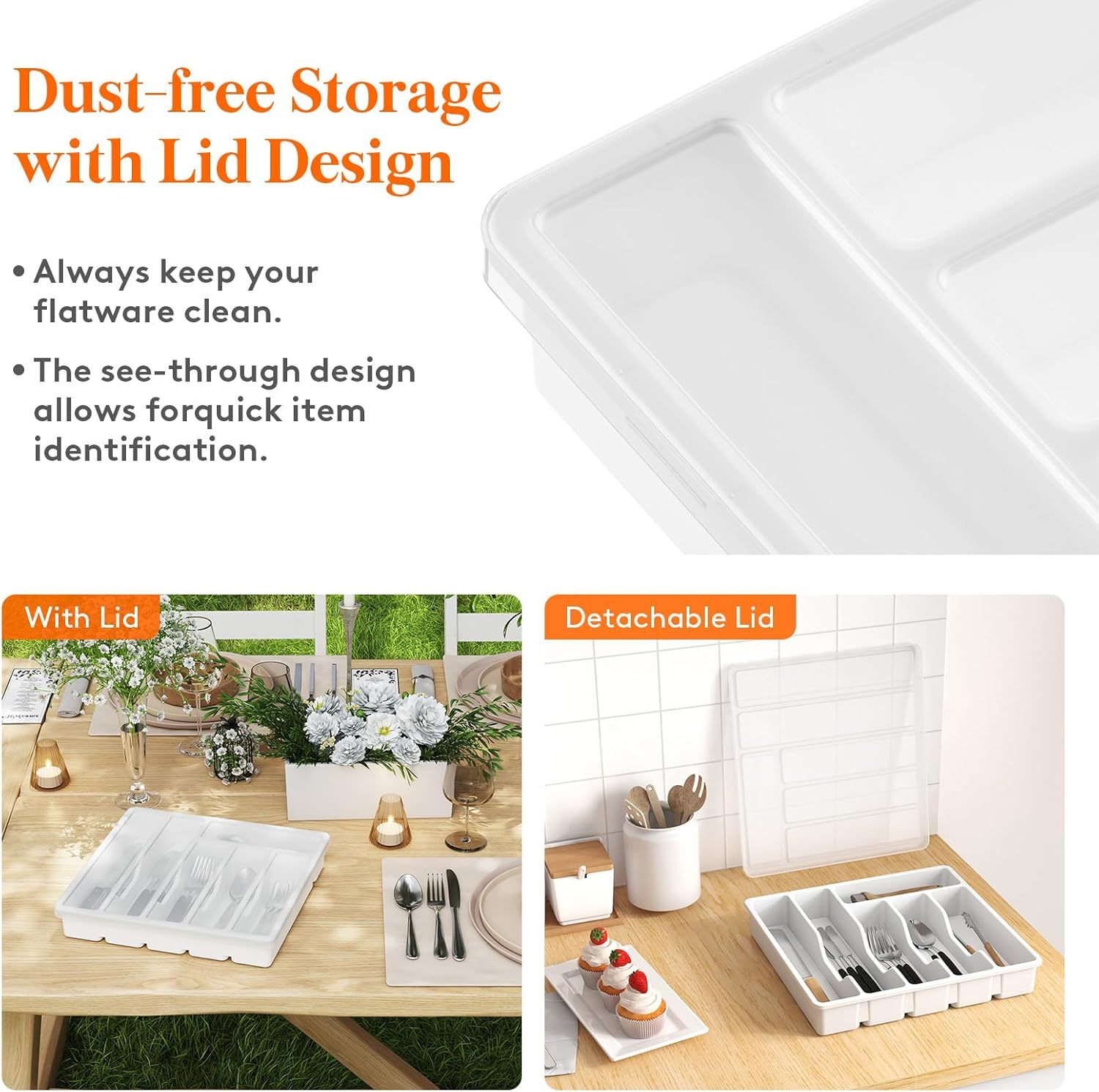 Silverware Organizer with Lid, Covered Utensil Tray for Kitchen Drawer and Countertop, Plastic Cutlery and Flatware Storage Box