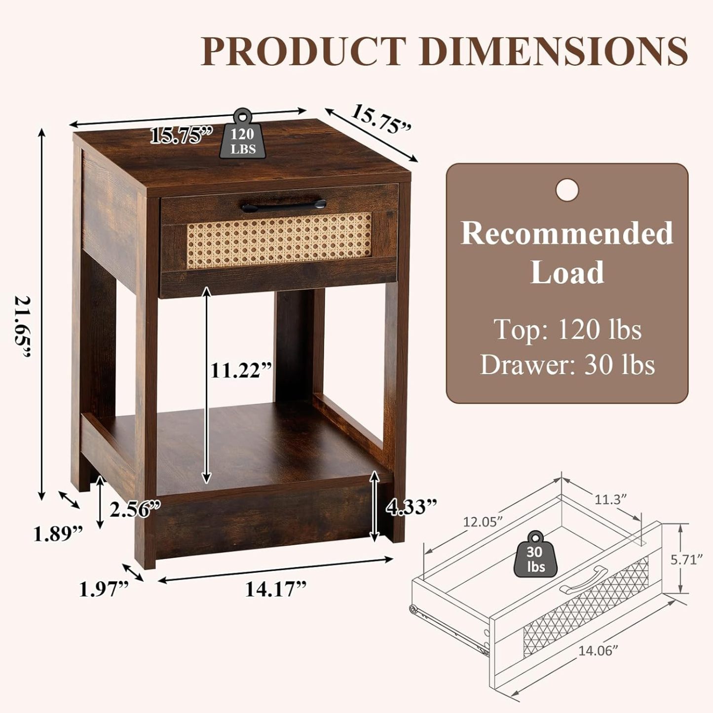 Natural Rattan Nightstand Set of 2, Bed Side Tables with Drawer, Wooden End Table with Storage Shelf