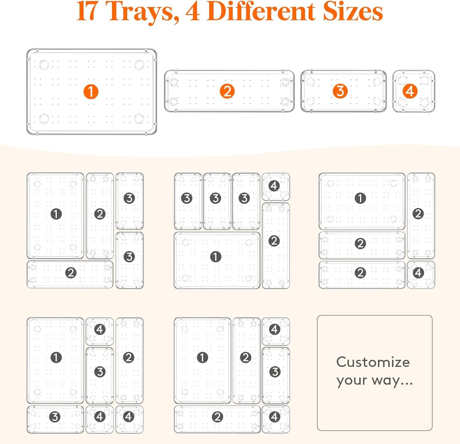 Drawer Organizer 17PCS, 4 Sizes Clear Plastic Desk Drawer Dividers, Storage Separation Bins for Make Up, Kitchen Utensils