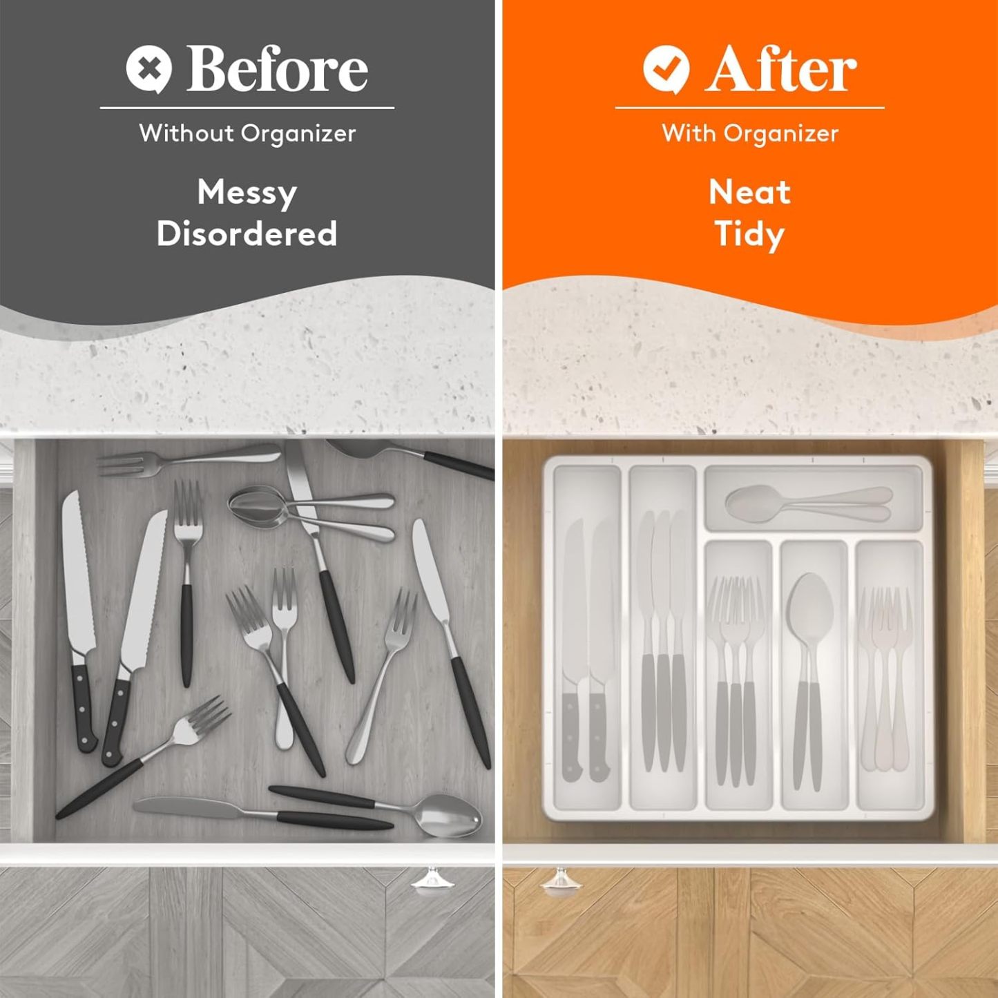 Silverware Organizer with Lid, Covered Utensil Tray for Kitchen Drawer and Countertop, Plastic Cutlery and Flatware Storage Box