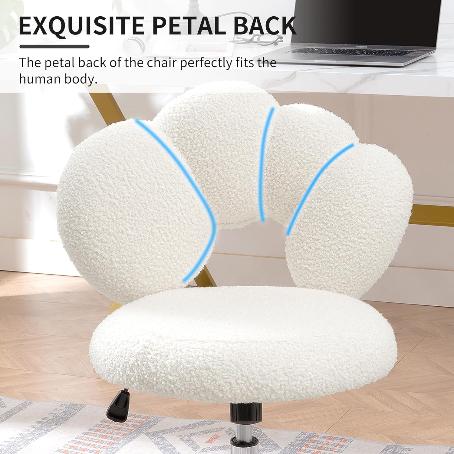 Cute Home Office Chair, Teddy Upholstered Desk Chair with Petal Back, Adjustable Home Desk Chair with Open Back