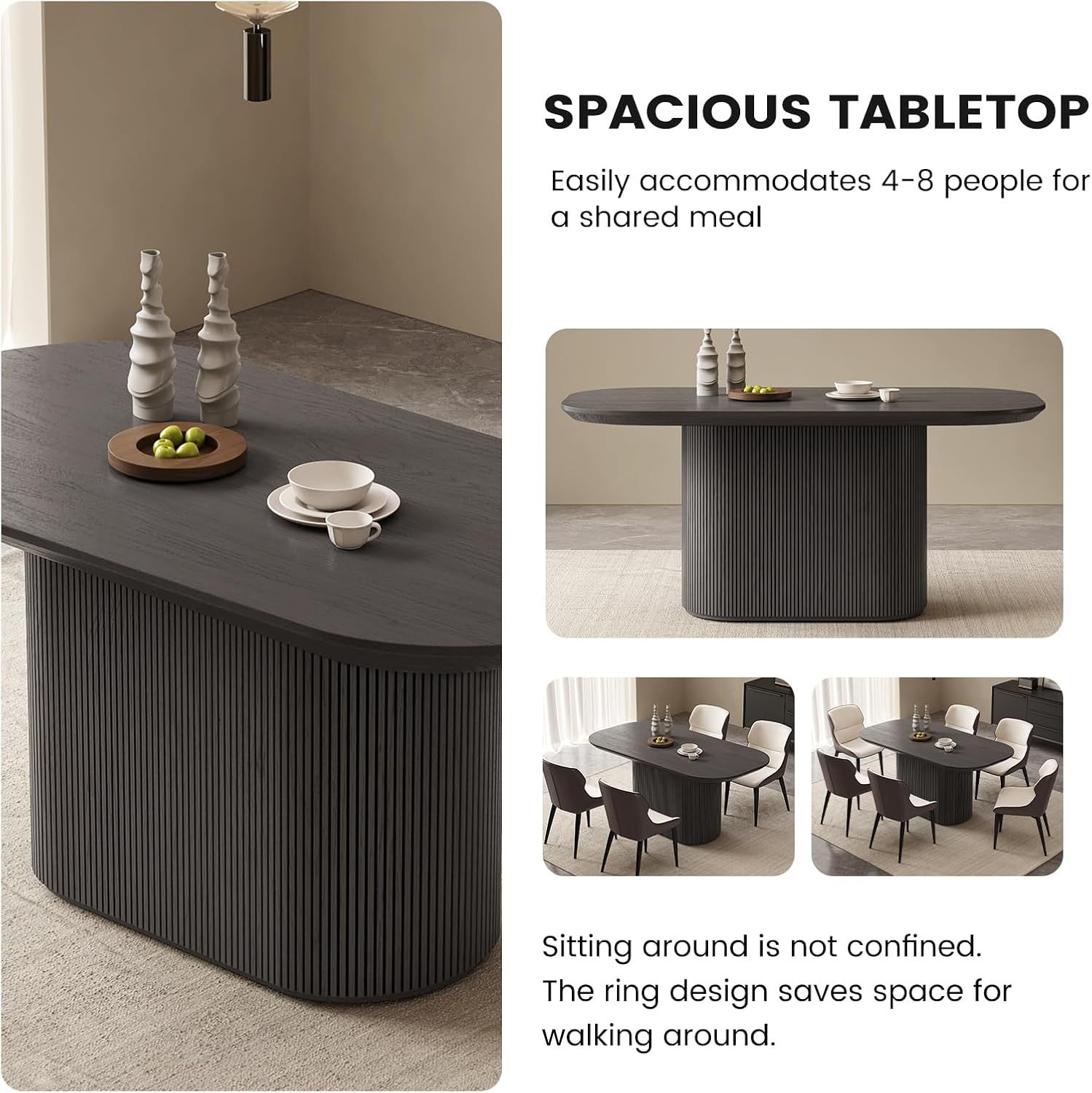 63" Oval Dining Table for 2-6 Person, Modern Black Kitchen Table, Luxury Rectangular Dinner Table