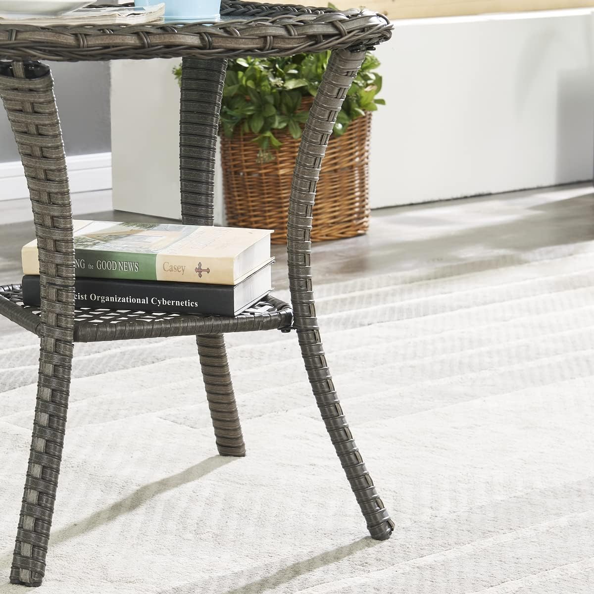 Patio Wicker Side Table Outdoor, Rattan End Table Glass Top Coffee Table with Storage Grey