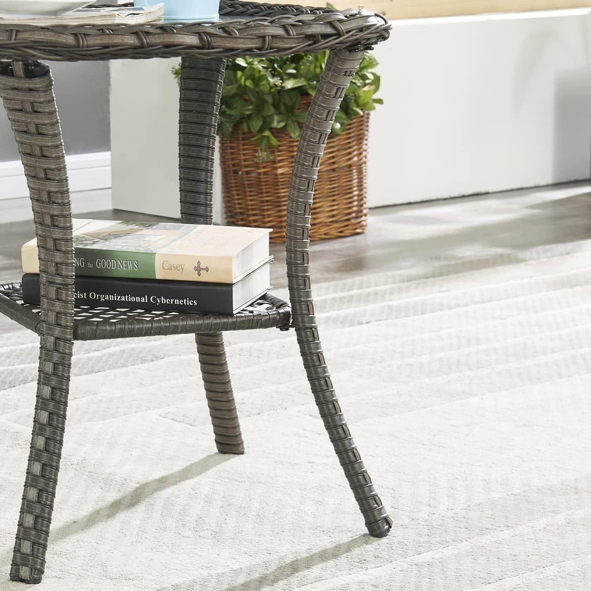 Patio Wicker Side Table Outdoor, Rattan End Table Glass Top Coffee Table with Storage Grey